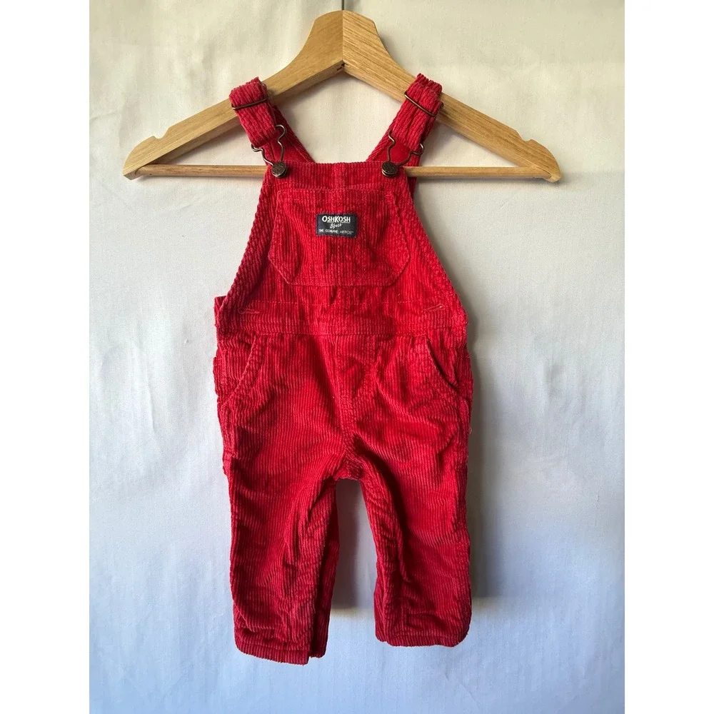 OshKosh Bgosh Kids Red Corduroy Overalls 9M Vintage Style Adjustable Bib Straps